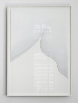 Between Memory and Perception, 2022 by Jurgis Gečys, a large framed hand drawing composed of delicate pointillist ink marks and stone elements, presented behind museum glass.