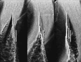 Sequence of still frames from a computational particle simulation of shifting sand dunes around the Sandhouse intervention by Jurgis Gečys, 2014