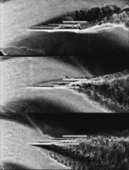 Sequence of still frames from a computational particle simulation of shifting sand dunes around the Sandhouse intervention by Jurgis Gečys, 2014