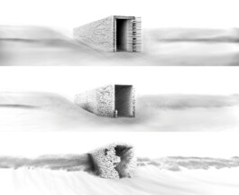 Three stages of the Windhouse intervention showing wooden formwork, exposed concrete, and erosion, by Jurgis Gečys, 2014
