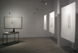 Installation view with analog photographs on the right and a framed drawing and sculptural work on the left at POST Gallery, Kaunas, 2018