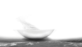 Monochrome collage showing a plaster model of The Bowl on a landscape with a drawn cloud of volcanic ash above it.