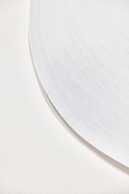 Alternativtext Detail of Between Memory and Perception, 2022 by Jurgis Gečys, showing a finely textured field of pointillist ink drawing intersected by a curved overlapping paper form with subtle embossed relief.
