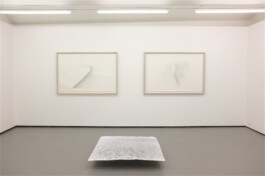 Installation view of three works by Jurgis Gečys at Fotogalerie Wien: two large framed ink drawings on the wall and a curved silver gelatin print hovering above the floor.
