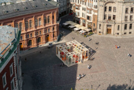 Aerial view of Dome Next Door, a timber urban art installation in Riga Old Town, Latvia, designed by Antonella Amesberger, Hori-Zonte, Jurgis Gečys and Toms Kampars.