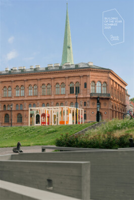 Dome Next Door, 2024, urban art installation in Riga Old Town, Latvia, shown in front of the historic city centre with ArchDaily Building of the Year Nominee 2025 recognition.