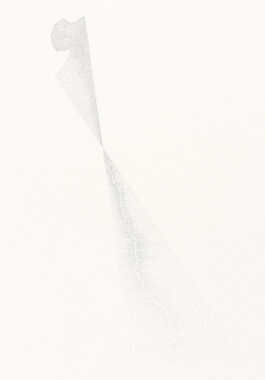 Ink drawing titled Locomotion — Cognition, Backbord by Jurgis Gečys, composed of two elongated fields of fine points converging at a narrow central point.
