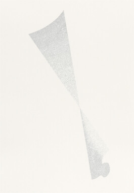 Ink drawing titled Locomotion — Cognition, Two Coastlines by Jurgis Gečys, composed of two elongated fields of fine points meeting at a narrow central point.