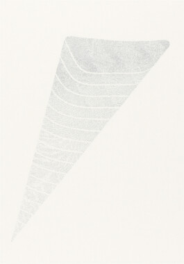 Ink drawing titled A Coastline by Jurgis Gečys, composed of a tapering field of fine points expanding into layered, curved contours.