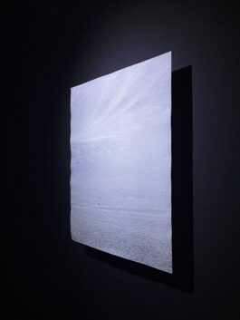 Installation view of Jurgis Gečys’s Alien Landscape, a pale black-and-white photograph displayed against a dark wall at Gottrekorder, Graz.