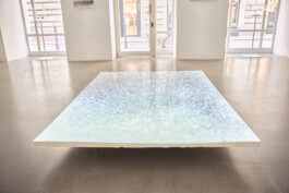 The Memory of the Ground, 2020, by Jurgis Gečys, showing the animated crystalline projection across the sculptural relief.