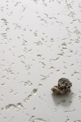 The Memory of the Ground, 2020, by Jurgis Gečys – detail of the jesmonite sculpture with the crystallized salt stone placed on its imprinted surface.