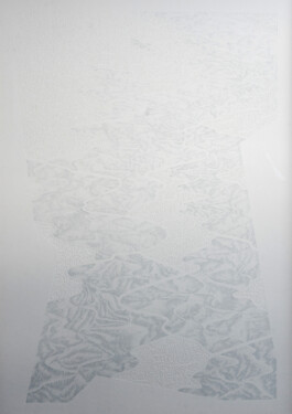 The Paths of River, 2025, by Jurgis Gečys. Full view of a vertical hand drawing in pigment ink on paper, composed of pale layered river-like formations, dense point-based structures and flowing abstract terrain patterns.