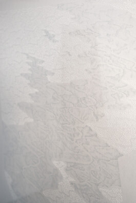 Detail view of The Paths of River, 2025, by Jurgis Gečys. Close-up of a pale hand drawing in pigment ink on paper, showing layered flowing linework and extensive perforated point fields that merge into an abstract, river-like terrain.