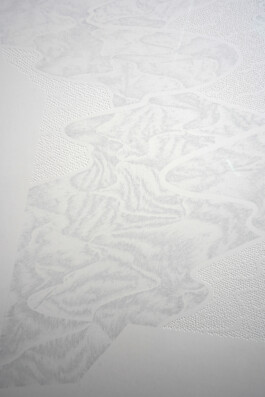 Detail view of The Paths of River, 2025, by Jurgis Gečys. Close-up of a hand drawing in pigment ink on paper showing pale layered linework, winding river-like channels and dense perforated point structures that reveal the tactile surface of the work.