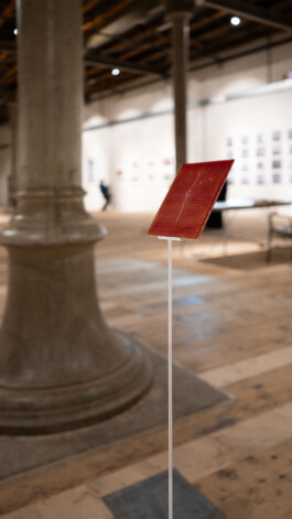 Detail of Unexposed, 2021, by Jurgis Gečys, showing a 4 × 5 inch photographic glass negative with a fine inscribed line mounted on a slender metal stand.