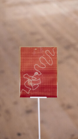 Detail of Unexposed, 2021, by Jurgis Gečys, showing a 4 × 5 inch photographic glass negative inscribed with a drawn unrealised memory.