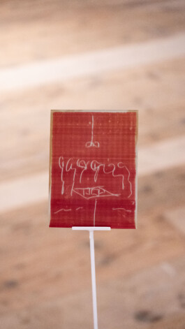 Detail of Unexposed, 2021, by Jurgis Gečys, showing a 4 × 5 inch photographic glass negative inscribed with a participant’s drawn unrealised memory.